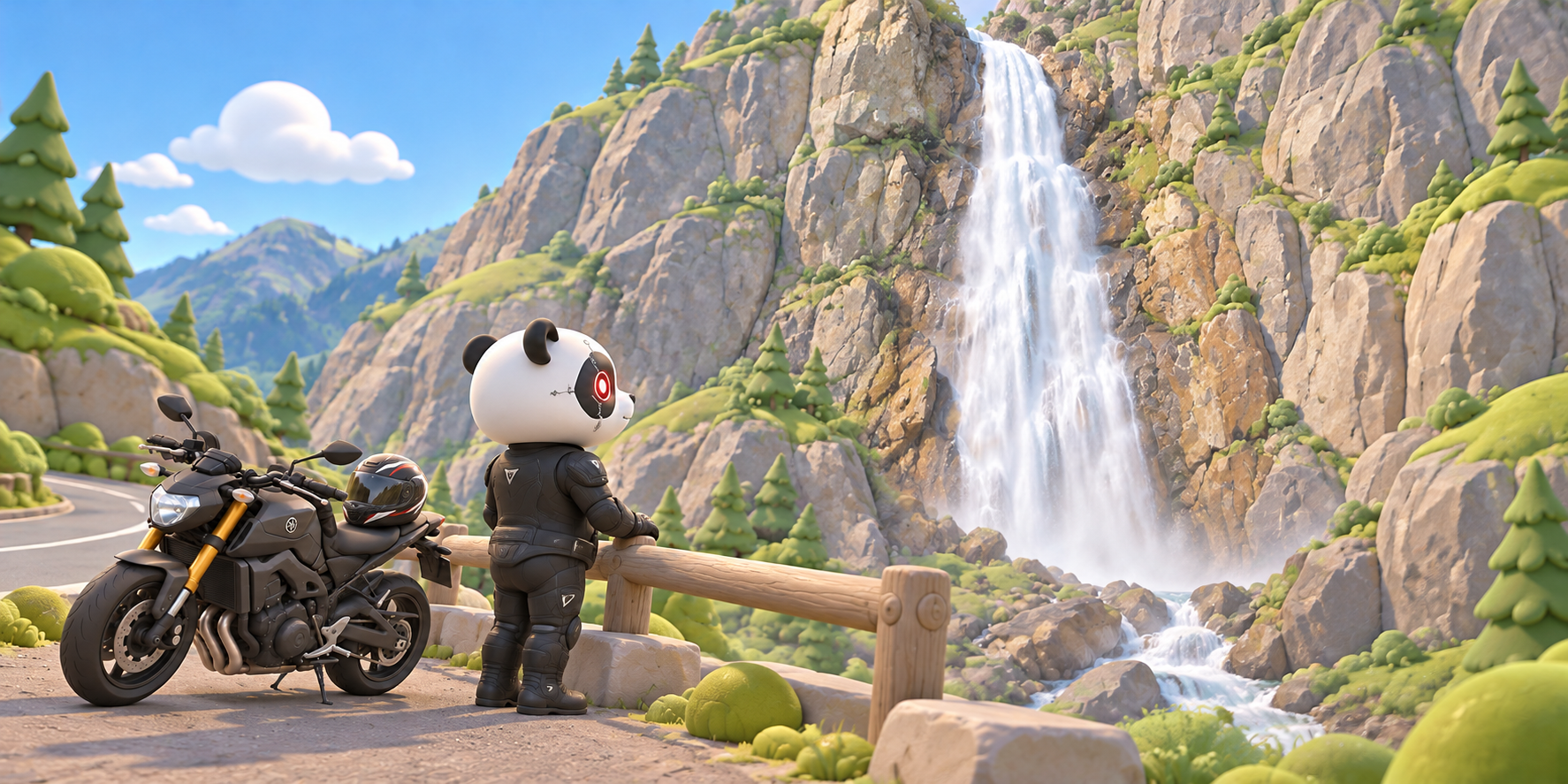 Le panda admire la cascade de Pissevache, sa MT-09 garée à proximité.