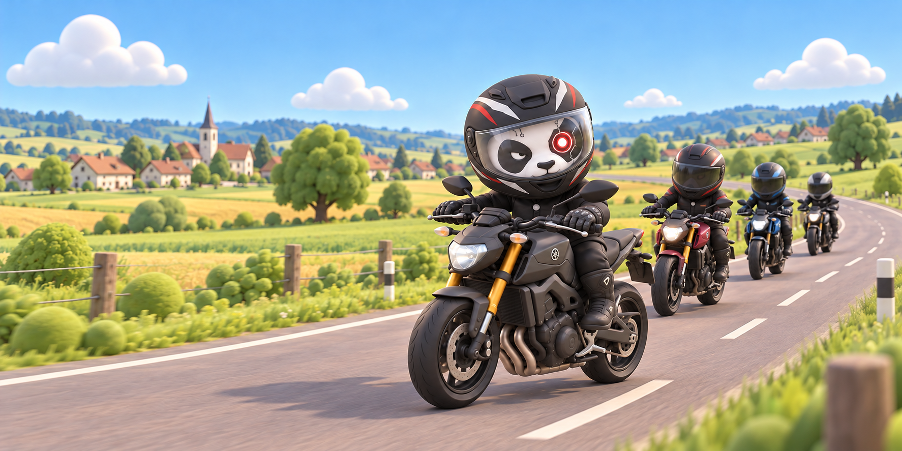 Le panda et trois motards roulent ensemble dans la campagne suisse.